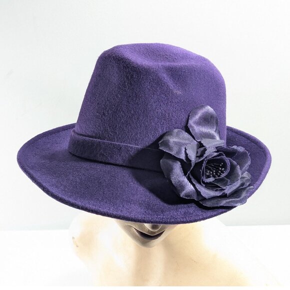Deep Purple Wool fedora, TEMPTATION Italy purple wool fedora with flower made in - Picture 1 of 10